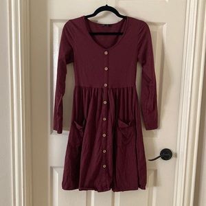 Ouges Cottagecore Fit and Flare Long Sleeve Pocket Mini Dress Maroon Red Small
